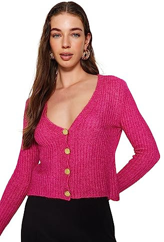 Trendyol Regular fit Basic V Neck Knitwear Cardigan Chemise, Fuchsia, S Femme