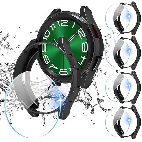 Diruite 4+4Pack for Samsung Galaxy Watch 6 Classic 47mm Case+Screen Protector,Scratch Resistant PC Hollow Shell Cover*4&HD Clear Tempered Glass*4 for Galaxy Watch 6 Classic 47mm