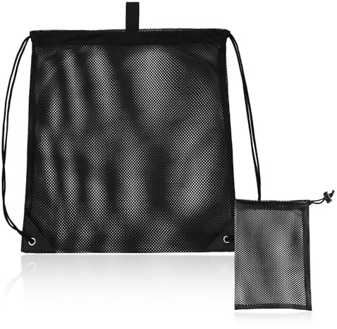 MUEEAD 1 mesh drawstring backpack and 1 mesh organizer bag, travel storage bag, sports clothes bag, beach toy bag, diving tool bag, shopping bag, bicycle backpack (black).