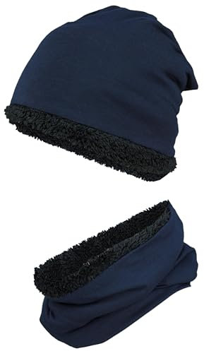 TupTam Jungen Beanie Mütze Schlauchschal Kinder 2er Set Herbst Winter gefütterte Übergangsmütze mit Loop, Farbe: Wintermütze Teddyfleece - Dunkelblau, Hat Size: 52