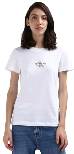 Calvin Klein Jeans Damen T-Shirt Kurzarm Monologo Slim Rundhalsausschnitt, Weiß (Bright White), XS