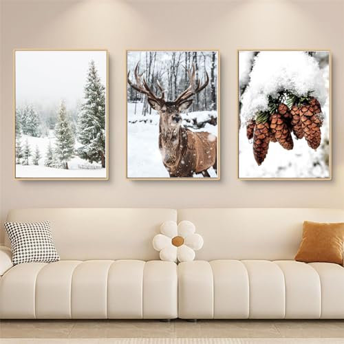 Qeuufieu Moderne Premium Wandbilder 3er Set Bilder Winter Poster Hirsche Natur Aesthetic Bilder Wandbilder, Wohnzimmer Schlafzimmer Wanddeko, ohne Rahmen (21x30cm)