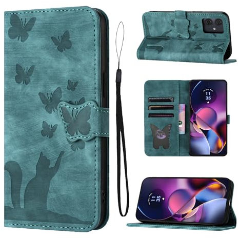LSPCASA Funda para Motorola Moto G54 5G de Piel Sintética con Ranuras para Tarjetas, Patrón de Mariposa de Gato - Verde