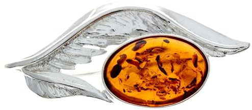 SilverAmber Jewellery UK - Genuine Cognac Baltic Amber & 925 Sterling Silver Angels Wing Brooch/Pin - M816C