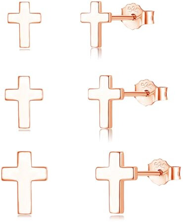 Loutade Silver Stud Earrings for Women Men Girls, 3 Pairs 925 Sterling Silver Cross Stud Earrings Set, Hypoallergenic Earrings Minimalist Rose Gold Flat Cross Cartilage Sleeper Cross Stud Earrings
