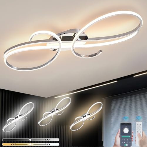 LFLA Deckenlampe Dimmbare Wohnzimmerleuchte LED Deckenleuchte Chrom Metallrahmen Energiesparlampe Mit Fernbedienung & Memory Funktion Deckenbeleuchtung für Wohnzimmer Schlafzimmer (Chrom, 100cm,95W)