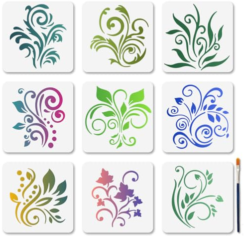 MAYJOYDIY 9 Stück Wirbel Ranken Schablonen 15×15cm Blumenfigur Blütenblatt Wiederverwendbar DIY Schablonen Pflanzen Natur Zeichenschablonen Vorlagen Mit Pinsel Für Holzmöbel Wände Leinwand