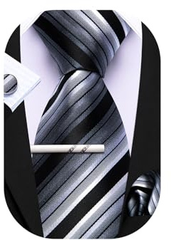 Barry.Wang Herren Seiden-Geschäftskrawatten mit Taschentuch Manschettenknopf-Streifen Plaid-Krawatten-Set Feierliche Hochzeit