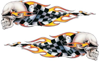 Totenkopf Flammen Flagge Aufkleber Set 2 Sticker je 8,5x2,5 cm Skull Flame Autoaufkleber Motorrad Helm Fahrrad Vespa UV-beständig, kratzfest, transparent Lethal Threat USA