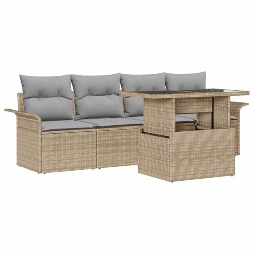 vidaXL Garten-Sofa-Set mit Kissen 5 pcs Beige Poly Rattan, Garten und Terrasse, rechteckig, modern, robust, höhenverstellbare Füße, Couch fürs Freie, modulares Sofa.