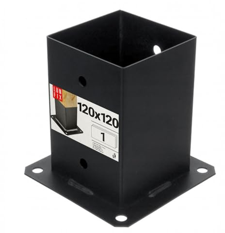Pfostenträger 120x120 mm – Aufschraubhülse für Holzpfosten, Bodenhülse, Pfostenschuh, Balkenschuhe, schwarz, pulverbeschichtet – stabile Befestigung für Zaunpfosten, Lun Fix