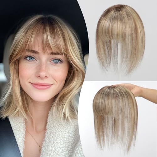 EMMOR 10 Zoll Echthaar Haarteil für Frauen – Verbesserte Schweizer Spitzenbasis mit 3 rutschfesten Clips, 4,5 x 3 Clip-in Pony für dünner werdendes Haar(Ombre Blond mit braunen Strähnen)