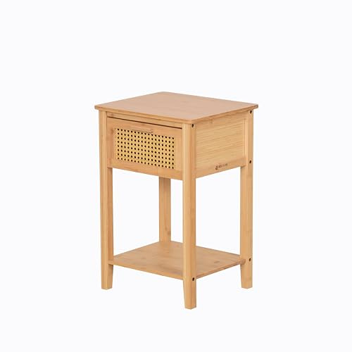 AD.CON Table de chevet en bambou avec tiroir - Table d'appoint pour chambre à coucher - Commode de chevet avec compartiment de rangement - Table de chevet compacte - 60 x 40 x 35 cm - Naturel