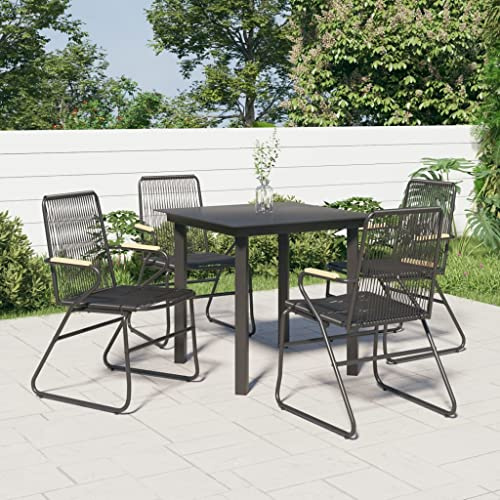 QJBSAVVA 5-TLG. Garten-Essgruppe Schwarz aus UV-beständigem PVC Rattan mit 80 x 80 cm Glas-Tisch komfortable Sitzgruppe für Balkon Garten Terrasse kleine Flächen