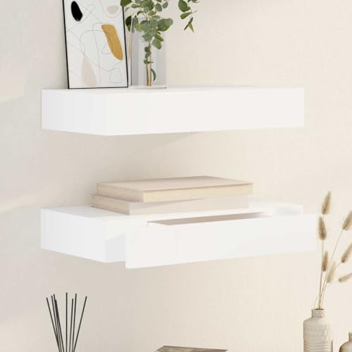LoogCape Lot de 2 étagères murales avec tiroirs - En MDF - Fixation invisible - Pour salle de bain, chambre à coucher, salon - Blanc - 48 cm