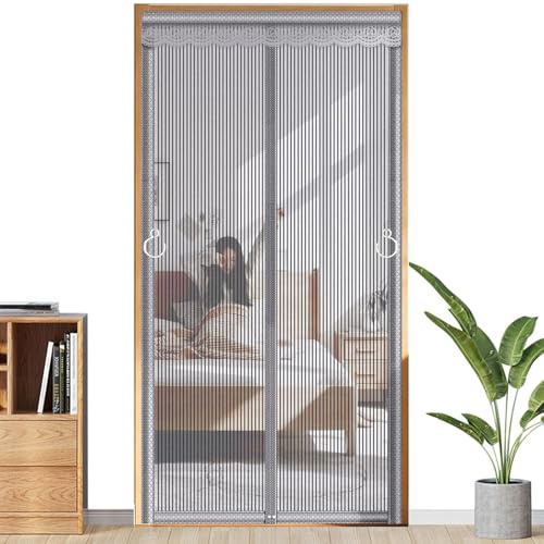 Vurlexat Zanzariera magnetica per porta, 80 x 200 cm, 2026, in fibra di vetro, con gancio e anello per telaio, 2 ganci laterali per tende per anti zanzare, adatta agli animali domestici (grigio)