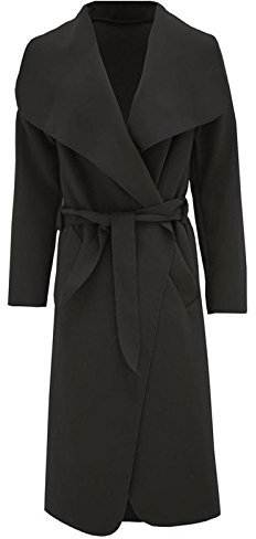 Hina Fashion Women Ladies Italian Waterfall Belted Long Sleeve Coat Jacket Top (One Size Fits 8-16, Black)