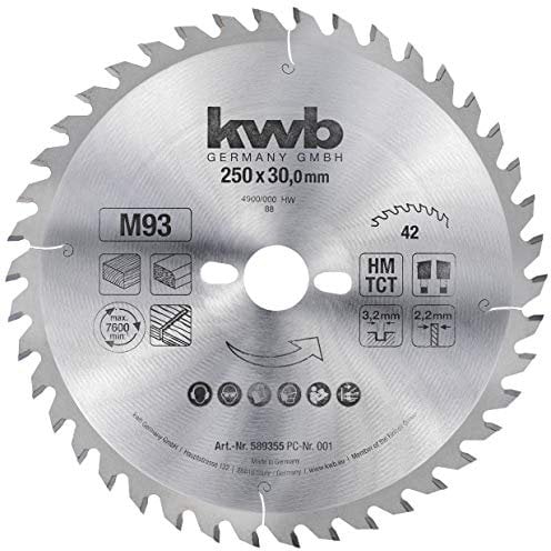 kwb Kreissägeblatt 250 x 30 mm, schneller Schnitt, mittlere Güte, Sägeblatt geeignet für Weich- und Hartholz, Tischlerplatten und Spanplatten