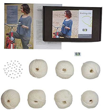DesignEtte Strickset DIY Sommerpulli Butte Montmartre Strickset mit 7 Knäulen reiner Merino Wolle, incl. Perlen + Anleitung für 7 Dänische Strick und 2 Häkel Designs. Größe 2XL/3XL, Weiss.