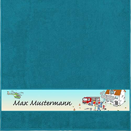 Manutextur Duschtuch mit Namen - Motiv Kinder - Feuerwehr - viele Farben & Motive - personalisiert - Petrol - Größe 70x140 cm - persönliches Geschenk