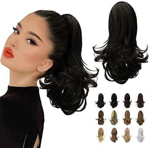 Sofeiyan 33cm Pferdeschwanzverlängerung Langer lockiger Pferdeschwanz Clip in Klaue Haarverlängerung Natürlich aussehendes synthetisches Haarteil für Frauen, Natürliches Schwarz
