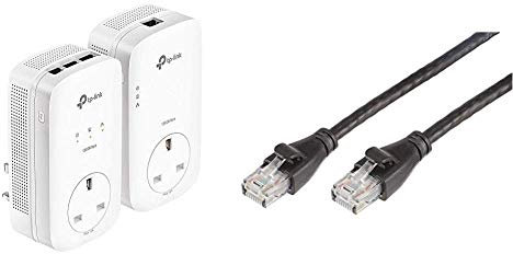 TP-Link TL-PA8033PKIT AV1300 3-Port Gigabit Passthrough 2x2 MIMO Powerline Adapter Starter Kit, UK Plug & Amazon Basics RJ45 CAT6 Ethernet LAN Patch Cable (1.5m/5 Feet) [1,000 Mbps (1 Gbps)] - 5 pack