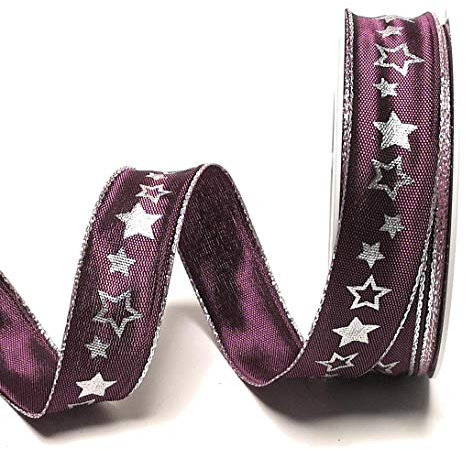 Schleifenband 20m x 25mm Beere Brombeere - Silber Sterne Dekoband Geschenkband [1755]