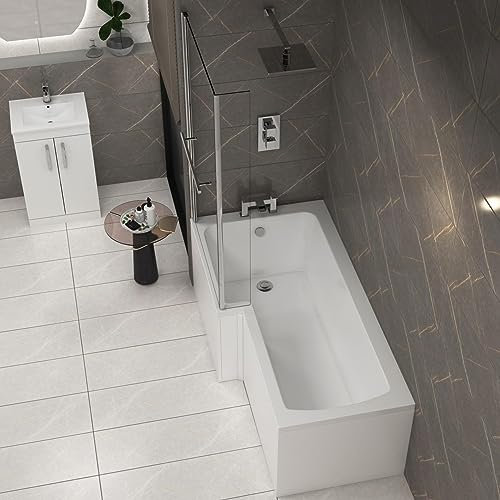 Qubix 1500 x 850mm Left Hand L-Shaped Shower Bath Acrylic Bathtub with Glass Shower Fixed Screen