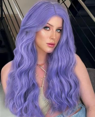LEMEIZ - Pelucas moradas para mujeres, parte media suelta, color púrpura claro, para disfraz, sintética, sin pegamento, 61 cm, modelo LEMEIZ-067.