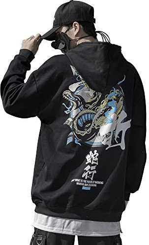 XYXIONGMAO Techware Sweat à capuche graphique Streetwear japonais surdimensionné noir pour homme Hip Hop, noir, Large