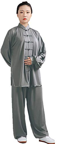 Kung Fu Dam-herrdräkt – traditionell kinesisk kampsport Tai Chi Qigong Wing Chun Shaolin Wushu långa ärmar träning fritidskläder uniform jacka byxor, GRÅ, XS