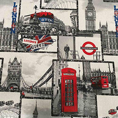 Kt KILOtela - Canvas Dekostoff, Home-Accessoires, Tischdecken, Kissen, Vorhänge, Taschen, 300 cm Länge x 280 cm Breite, London Monumental, Blau, Rot, Schwarz, Weiß - 3 Meter