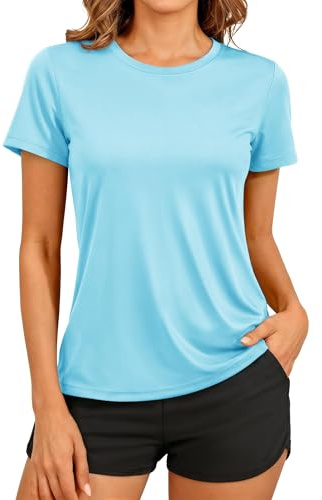 TACVASEN T-Shirt de Protection UV Femme Chemise D'été à Manches Courtes T-Shirt de Natation Séchage Rapide Shirt de Plage Protection Solaire T-Shirt de Sport Bleu Lac