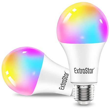 EXTRASTAR Bombilla Alexa LED Intelligente E27, 10W, Regulable Multicolor + Luz Cálida o Blanca, 16 Millones de Colores, Funciona con Alexa y Google Home, Pack de 2 Unidades