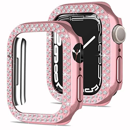 Miimall Kompatibel mit Apple Watch Series 9/8/7 45mm 41mm Hülle Glitzer, Bling Doppelter Diamant Strassstein Harter PC Schutzrahmen Ultradünner Schutzhülle für iWatch Series 9/8/7 45mm - Rosa