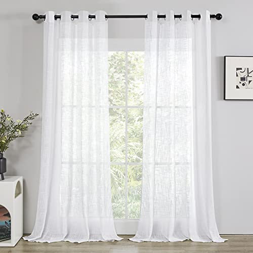 Deconovo Voile Gardinen mit Ösen Halbtransparent Wohnzimmer Vorhang Weiß Gardinenschal Vorhänge Dekoschal Leinenoptik, 220x140cm(HöhexBreite), Weiß, 2er Set