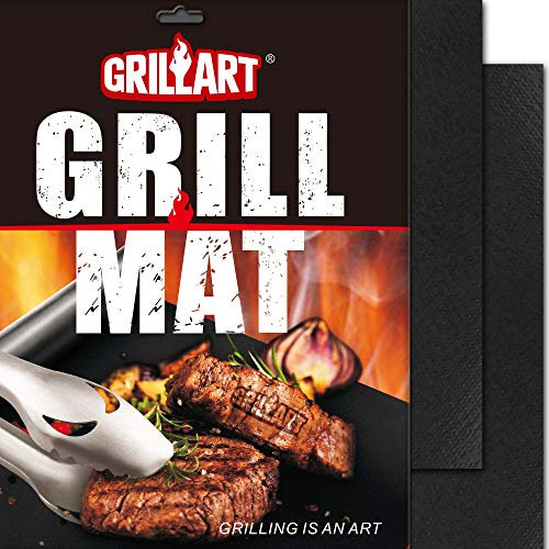 GRILLART BBQ Grillmatten für Outdoor Grill – Antihaftbeschichtung 600 Grad Heavy Duty Grillmatte (2 Stück) – Wiederverwendbare BBQ Grill Zubehör Blätter – Funktioniert auf Elektrogrill Gaskohle BBQ –