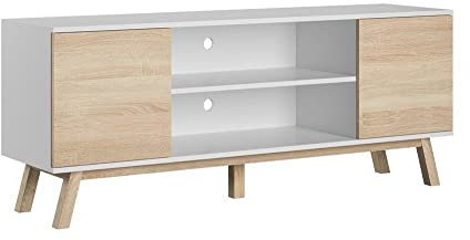 Deconation Meuble TV - Vero - L 150 Cm - Blanc Et Façades Couleur Hêtre