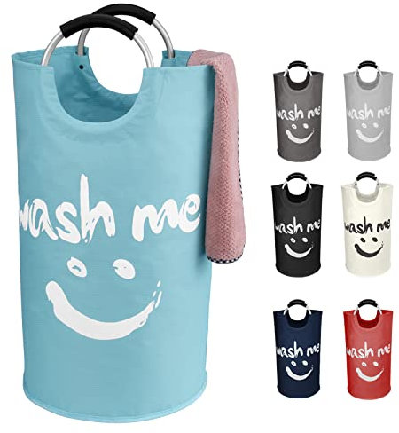 IHOMAGIC Faltbar Wäschekorb 95L, Großer Wäschesammler Wäschetonne Stoff Wäschesack mit Griffe, Handtuchablagekörbe für Hotels - Wäschesortierer Aufbewahrungskorb mit Wash Me Smiley 39x39x79cm (Blau)
