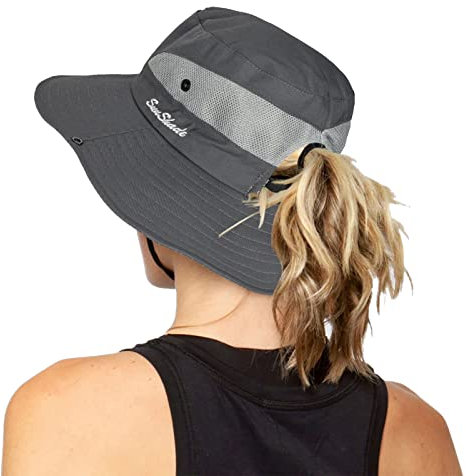 Damen Outdoor UV-Schutz Faltbare Sonnenhüte Mesh Breiter Rand Strand Fischerhut mit Pferdeschwanzloch, grau dunkel, Einheitsgröße