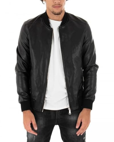 Giubbotto Uomo Ecopelle Tinta Unita College Maniche Lunghe Vari Colori (Nero, M)