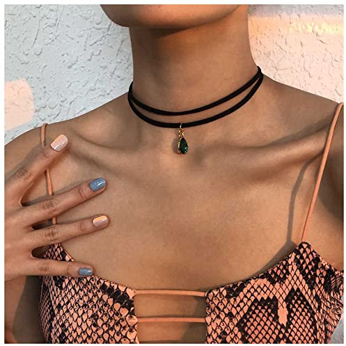Cimenexe Collier ras du cou en cuir superposé gothique Collier avec pendentif émeraude Collier ras du cou en forme de larme verte Collier en cuir noir Collier court avec cordon en cuir Bijoux pour