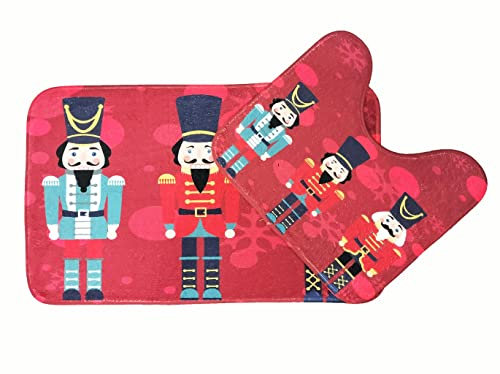 LIZZIE JACOBS New Christmas Festive Pattern Memory Foam 2 Pieces Bath Mat and Pedestal Mat Set Anti Slip Extra Absorbent Super Soft Regular Size Bathroom Rugs (Nutcracker)