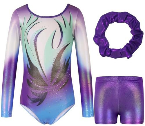 Hovershoes Three-Piece Gymnastics Leotards Set for Girls Sparkle Colorful Dancing Athletic Leotard with Glitter Tumbling Dance Shorts and Headband for Kids Teens 5 6 7 8 9 10 11 12 13 14T