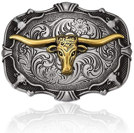 BBOTEN Western Gürtelschnalle kurz, Horn Longhorn Bull, Stiefel, Pferd Gürtelschnallen für Damen und Herren - Gürtelschnallen Herren, GRAU, Small