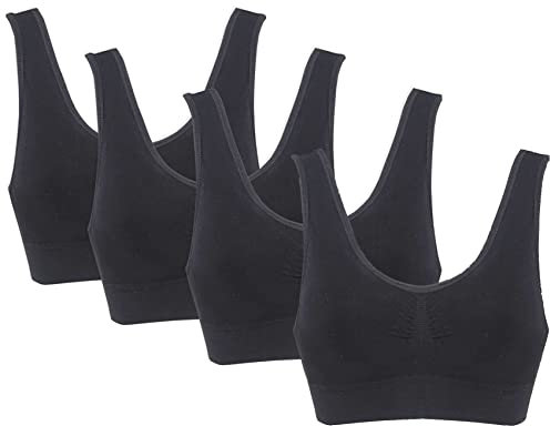 PBE 4 Pack Super Comfort Bra, Thick Double Material Women's Sleep Bras, Sports Bra, Premium Quality, Seamless, No Wires! - 4 Pack Jet Black - Large