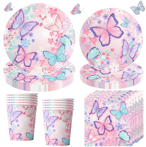 50 pièces de papillon Set de vaisselle de fête, papillon anniversaire vaisselle assiettes de fête, papillon assiettes en carton gobelets serviettes pour 10 invités