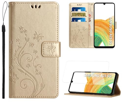 Anshow for Samsung Galaxy A25 Wallet Case with Wrist Strap, with Screen Protector, Flip Leather Case with Cards Holder Phone Case with Kickstand Cover for Samsung A25, Gold
