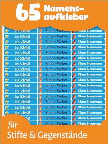 LabelTiger® Personalisierte Namensaufkleber für Kinder in der Schule - 65 Stück, Ideale Aufkleber für Stifte & Schulsachen, Selbstklebend & Wasserfest - Blau