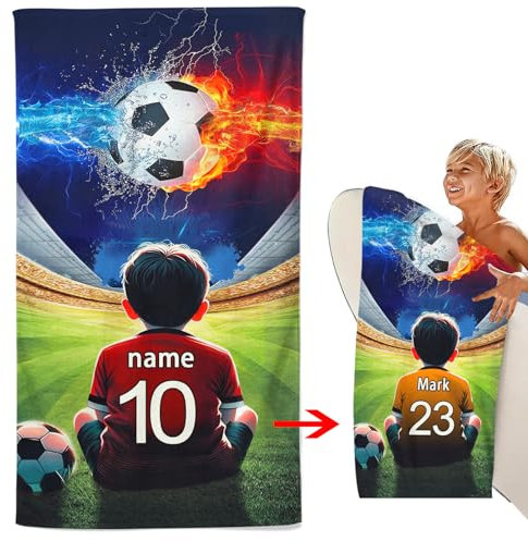CHEFFS Personalisiert Fußball Strandtuch Mit Namen, Personalisiertes Fußball Handtuch Mit Namen Badetuch Mikrofaser Strandtuch 70x140cm Badetuch Handtuch Saunatuch Fußball (100 x 200 cm,1)